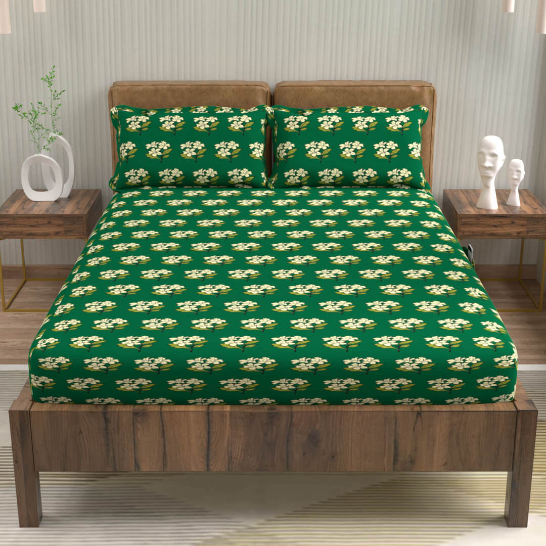 buy zig zag emerald green cotton double bed fitted bedsheets online – side view